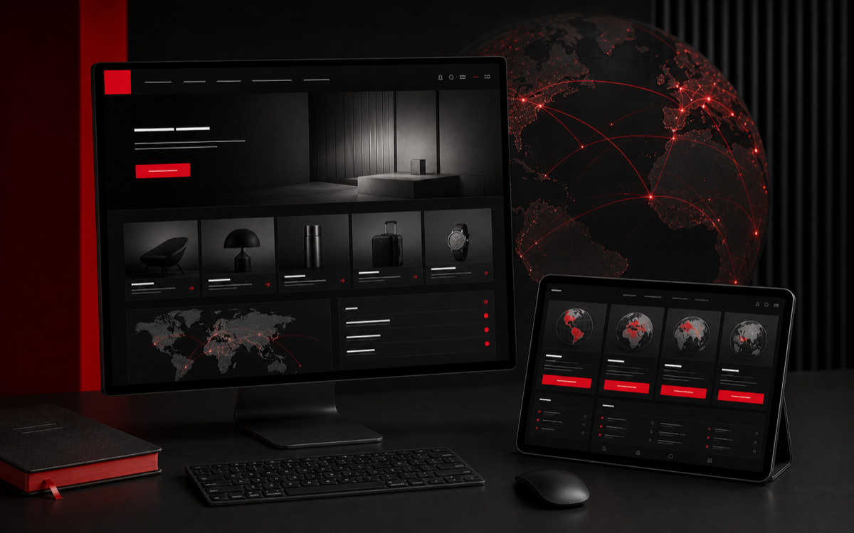 Mehrsprachige Handelsplattform mit internationalen Verbindungen auf Monitor und Tablet